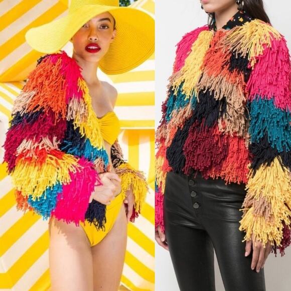 Alice and Olivia Fawn Rainbow Fringe Colorblock Jacket Size L NWT - Picture 5 of 13